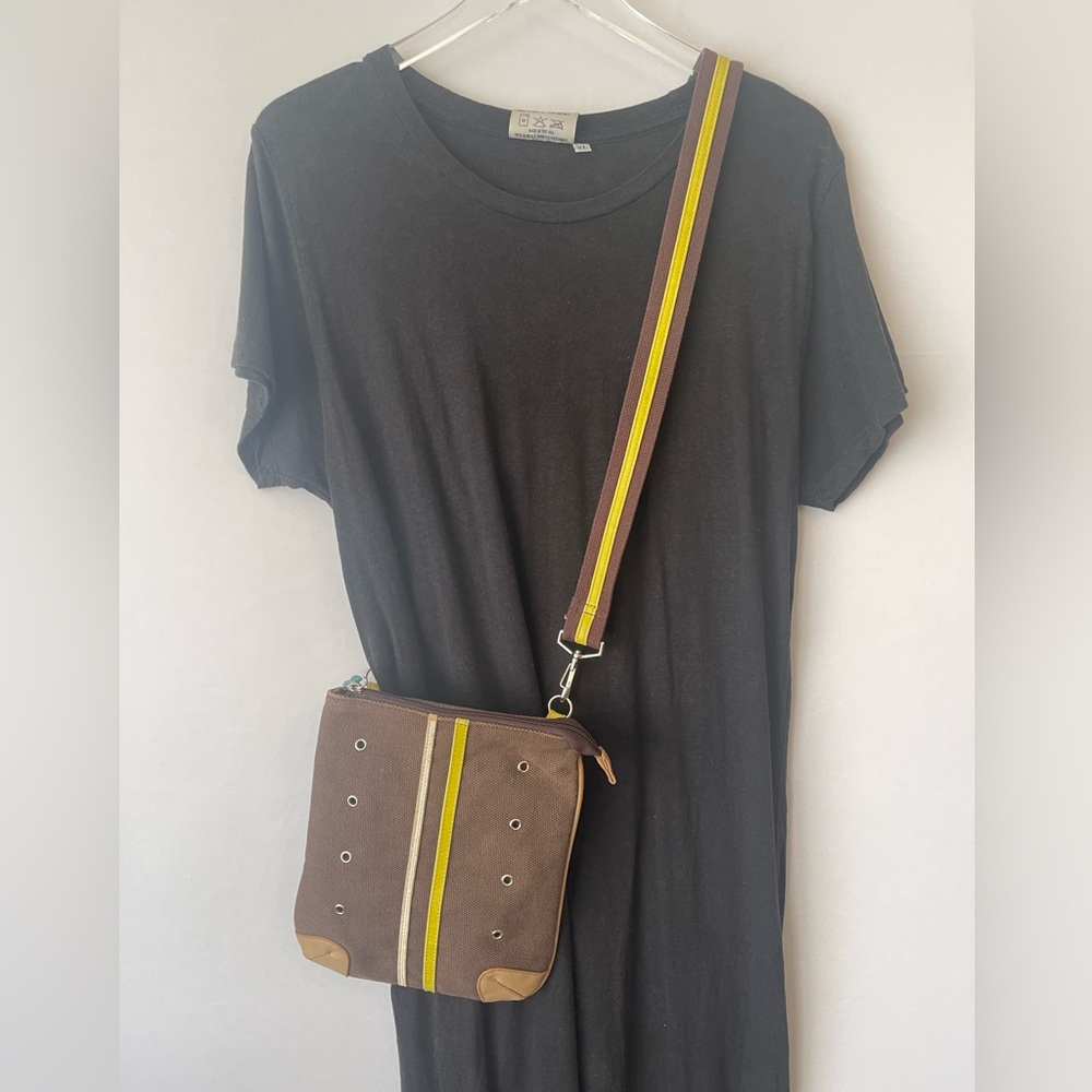 Brown & Yellow Canvas Leather Trim Crossbody Racer Stripes  Y2K Bag